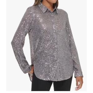 New ~ NY COLLECTION ~  Sparkly Tunic Long Sleeve Sequin Mesh Blouse Size M